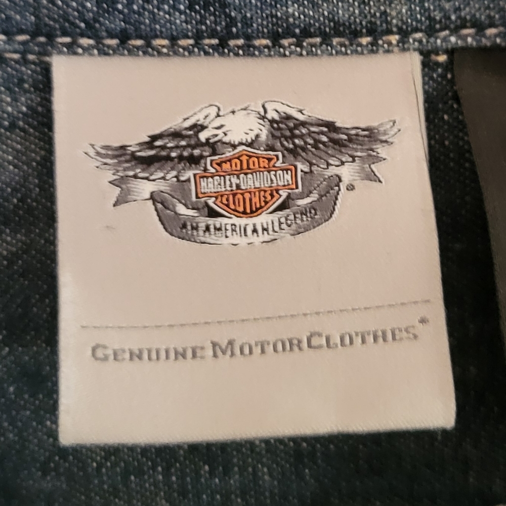 Harley Davidson Logo Embroidered Studded Denim Shirt Pearl Snap Roll Tab Sleeve - Picture 7 of 12